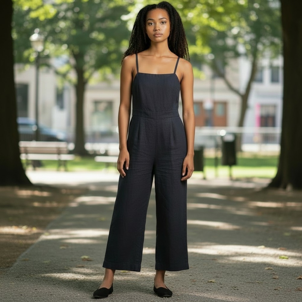 J.Crew Tie Waist Wide Leg Cropped Linen Jumpsuit‎ G6369 Black Size 2